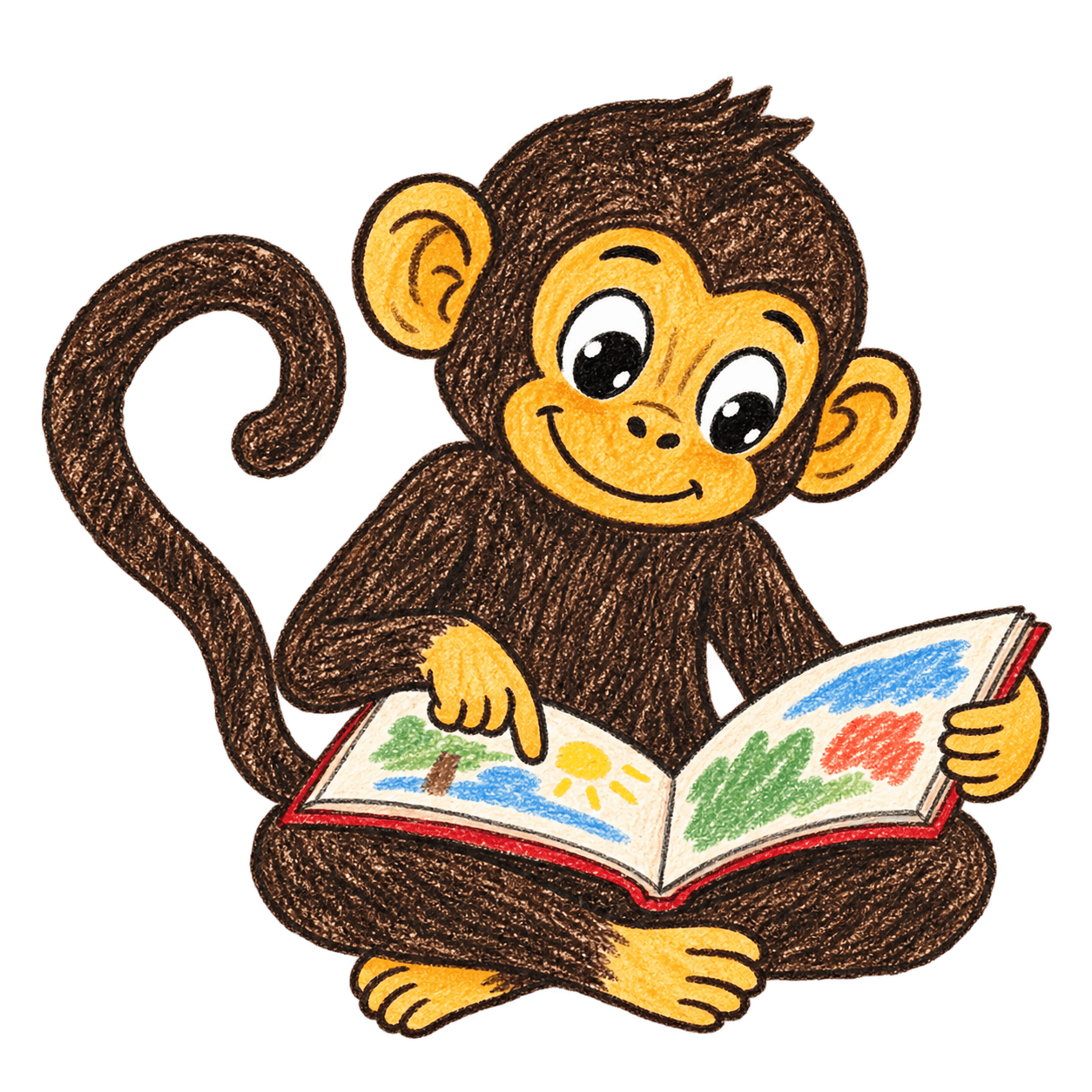 Billy Monkey reading a colorful picture book