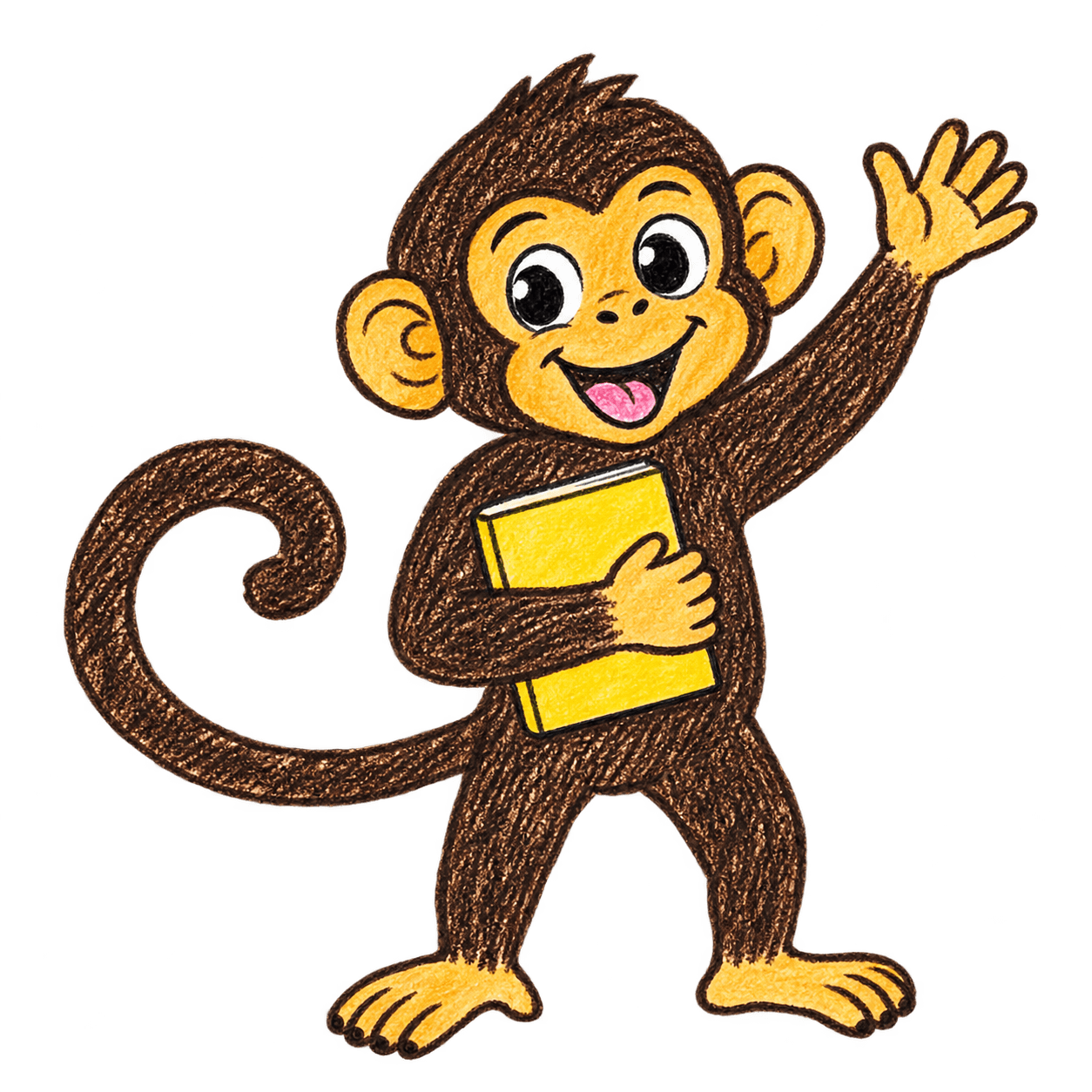 Billy waving while holding a yellow picture book