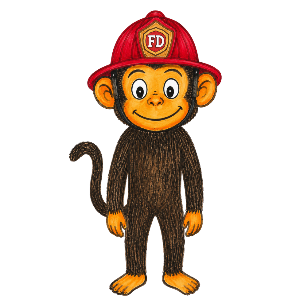 Billy Monkey in a firefighter helmet